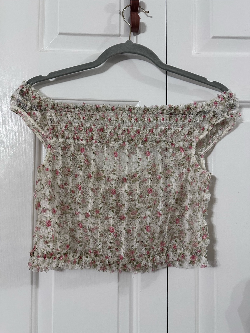 Intimately free people Smocked Off-Shoulder Floral Crop Top - Cream with Pink
